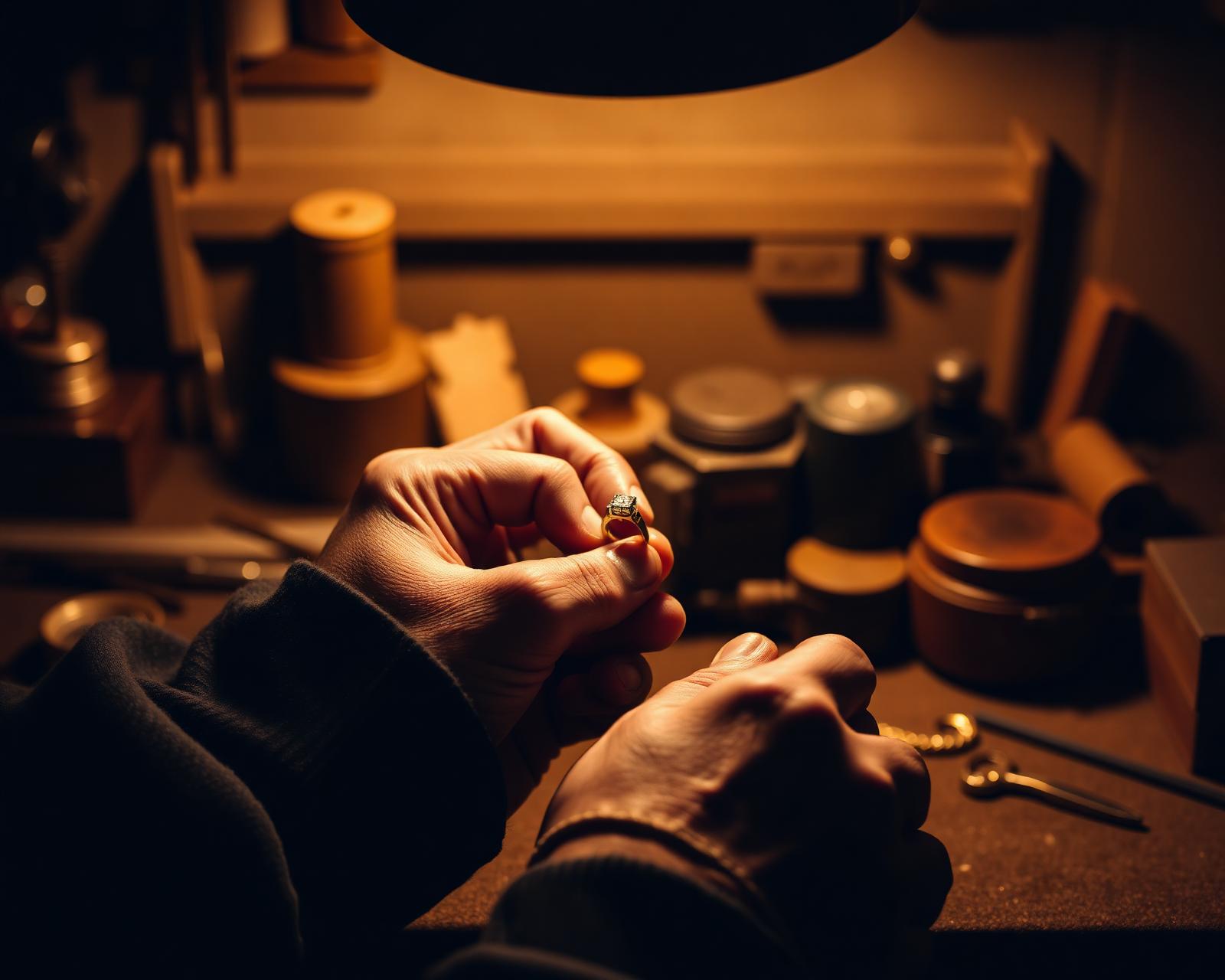 A master jeweler's hands at the bench under warm tungsten light
